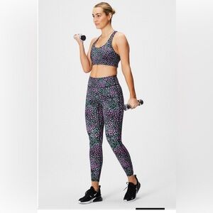 Fabletics Purple and Green Leopard Print High-Waist Leggings and Sports Bra Set